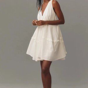 Anthropologie V-Neck Swing Tunic Dress White Cotton XS Pockets white nights